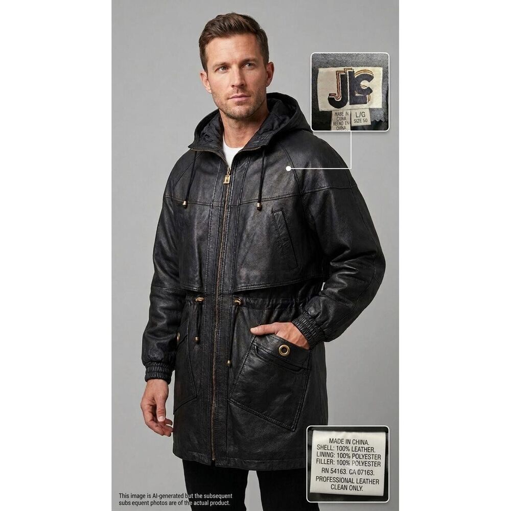 Vintage JLC Black 100% Leather Hooded Parka Jacket Unisex Large 90s